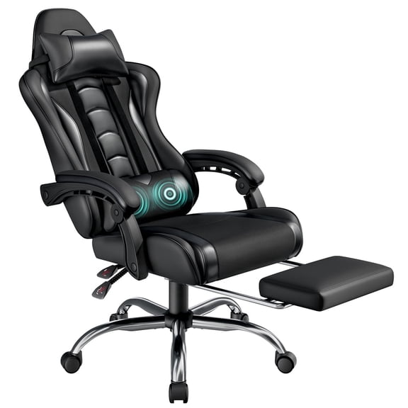 Yaheetech Ergonomic High Back Gaming Chair with Folding Footrest, Full Black