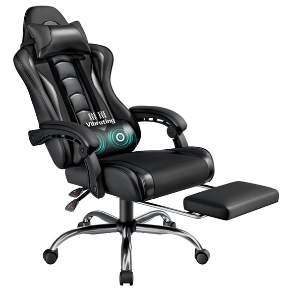 Yaheetech Ergonomic High Back Gaming Chair with Folding Footrest, Full Black