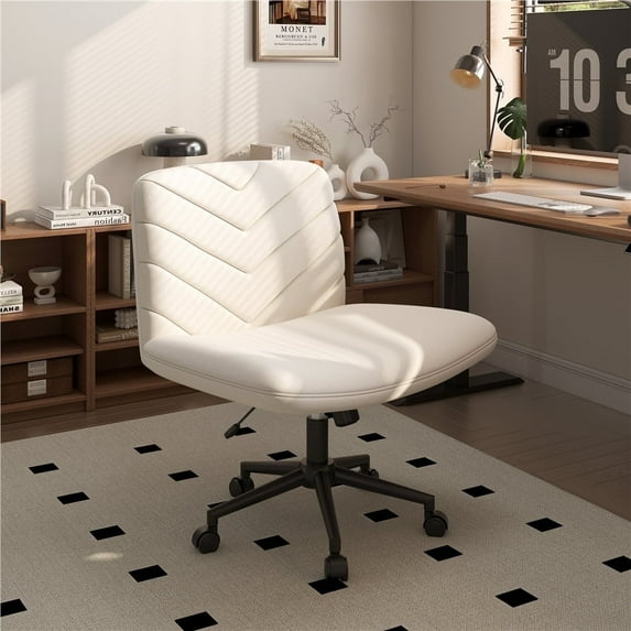 Yaheetech Fabric Rolling Armless Home Office Chair with Extra Wide Seat, Beige