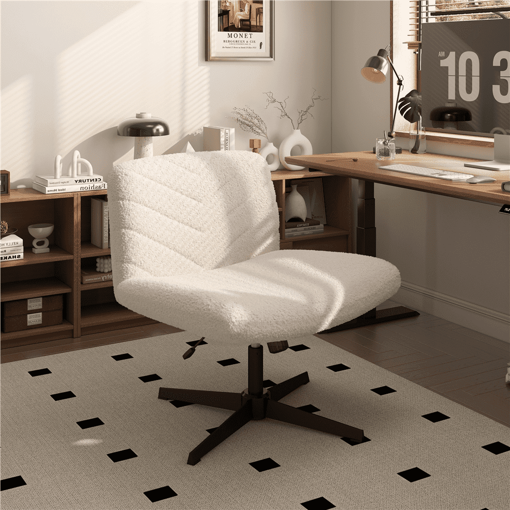 Yaheetech Fabric Swivel Desk Chair with No Arms and Extra Wide Seat, Beige, Ivory