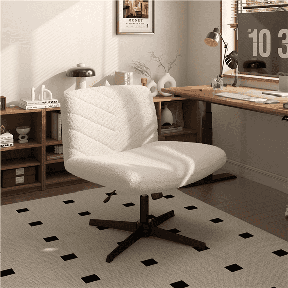 Yaheetech Fabric Swivel Desk Chair with No Arms and Extra Wide Seat, Beige, Ivory