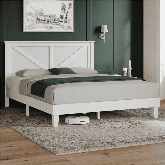 Yaheetech Farmhouse Wood Queen Bed with Headboard, White
