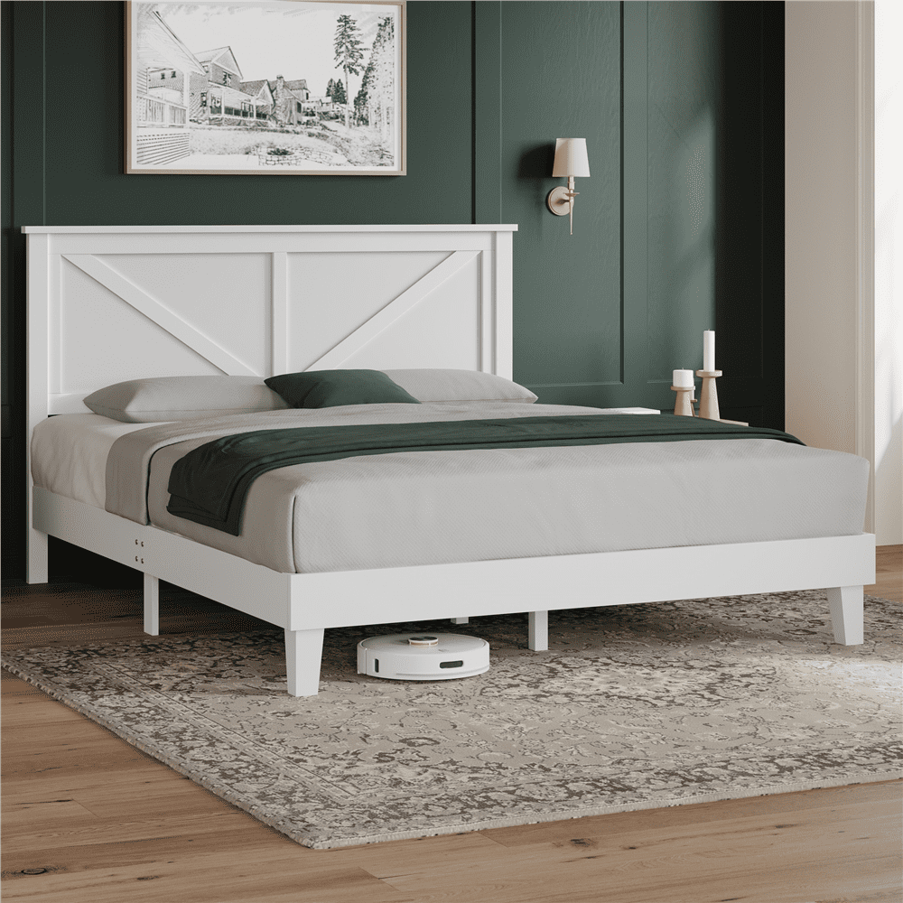 Yaheetech Farmhouse Wood Queen Bed with Headboard, White