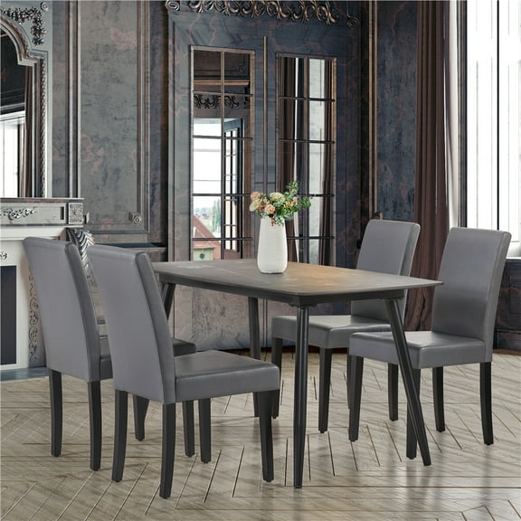 Yaheetech Faux Leather Dining Chairs with Wood Legs for Kitchen, Set of 4, Dark Gray