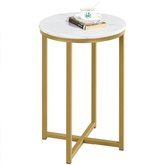 Yaheetech Faux Marble Round Side Table with Cross Metal Legs, Antique Gold