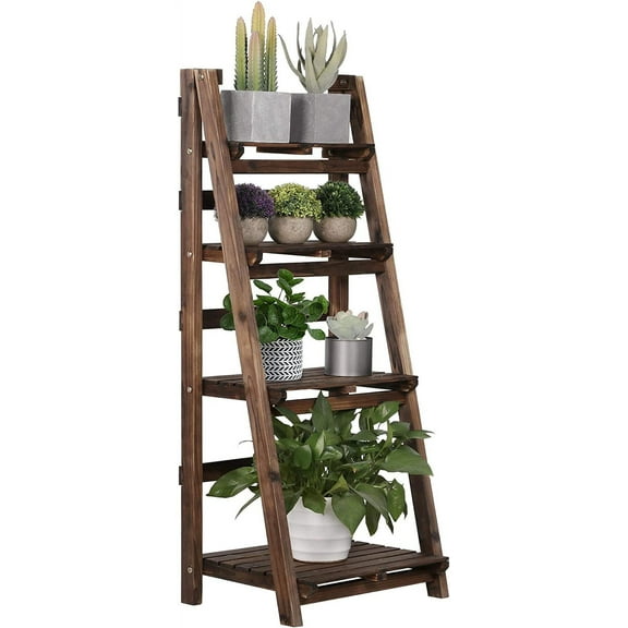 Yaheetech Foldable Ladder Shelves, Decorative Wall-Leaning Home Office Storage Rack Shelves, Display Shelving for Livingroom Bedroom Balcony, Fir Wood Brown, Simple Assembly 4 Tier
