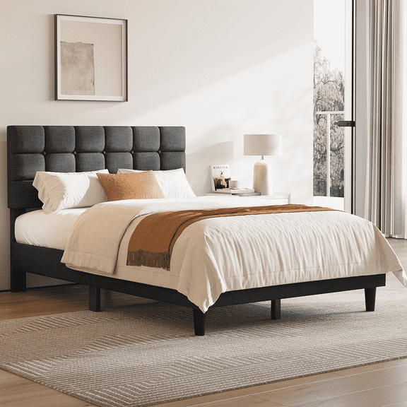 Yaheetech Full Size Upholstered Platform Bed with Square Tufted Headboard, Dark Gray