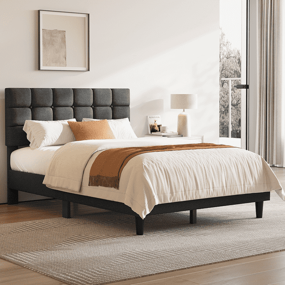 Yaheetech Full Size Upholstered Platform Bed with Square Tufted Headboard, Dark Gray