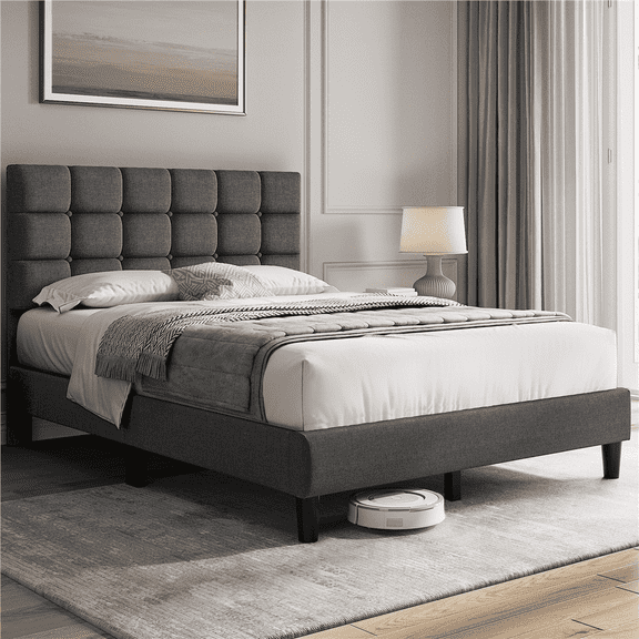 Yaheetech  Full Size Upholstered Platform Bed with Square Tufted Headboard, Dark Gray