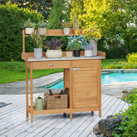 Yaheetech Fir Wood Potting Bench with Metal Tabletop