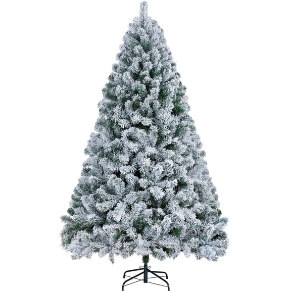 Yaheetech Green Unlit Pine Snow Hinged Flocked Artificial Christmas Tree, with Foldable Metal Stand including PVC Tips 6'