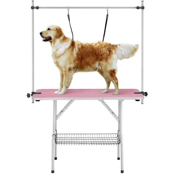 Yaheetech 45" Height Adjustable Pet Grooming Table Stainless Metal Arm Frame for Dogs/Cats/Pet Tools Storage Rack, Pink
