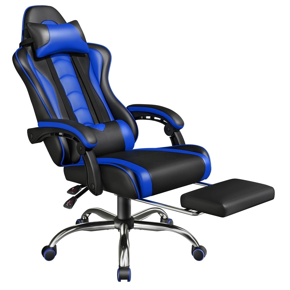 Yaheetech High Back Ergonomic Gaming Chair with Footrest, Massage Lumbar Pillow, Black/Blue