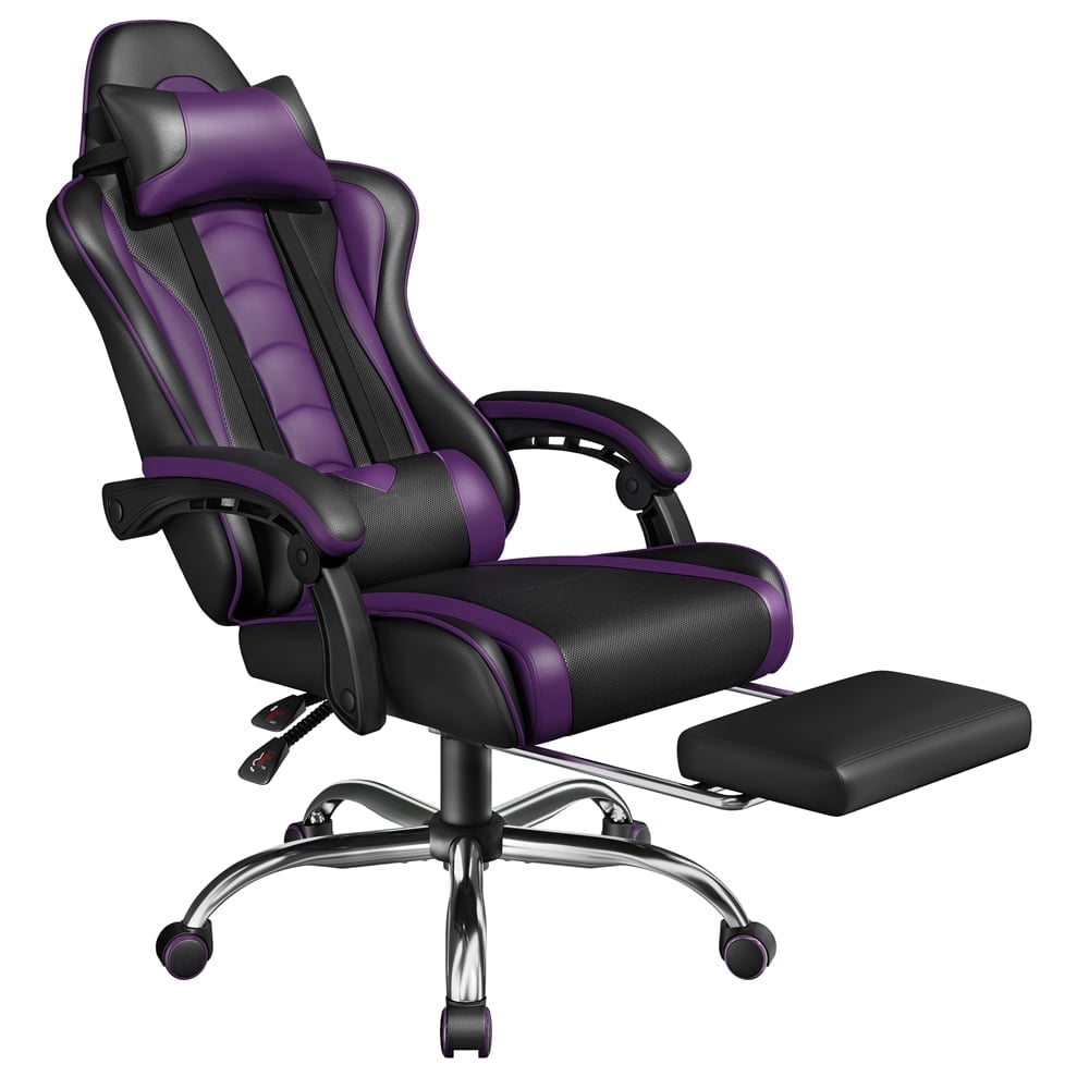 Yaheetech High Back Ergonomic Gaming Chair with Footrest, Massage Lumbar Pillow, Black/Purple