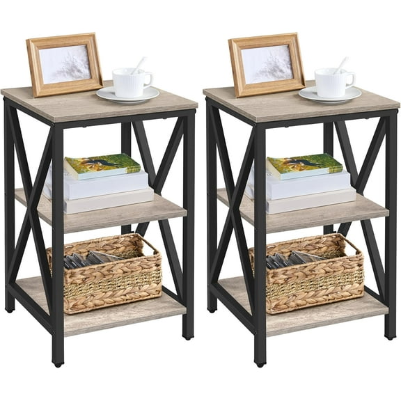 Yaheetech Industrial End Tables Set of 2, 3-Tier Side Tables with Storage Shelves for Living Room, X Design Sofa Tables, Strong Metal Frame, Easy Assembly, 16x16x24.5 in, Gray