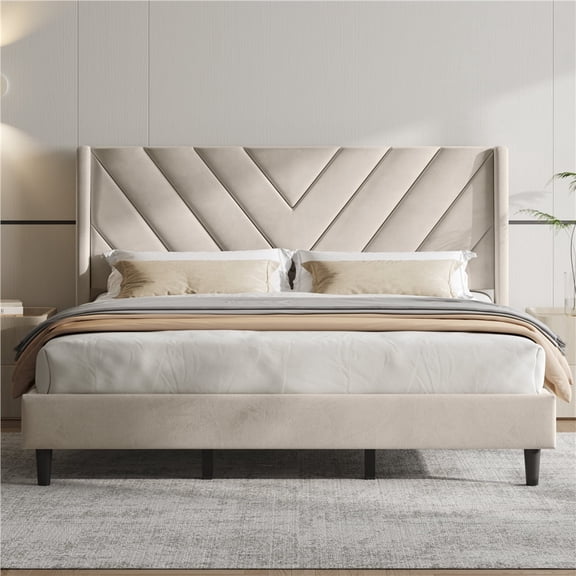 Yaheetech King Upholstered Bed Frame with Tufted Wing Headboard, No Box Spring Needed, Beige