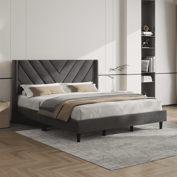 Yaheetech King Upholstered Bed Frame with Tufted Wing Headboard, No Box Spring Needed, Dark Gray