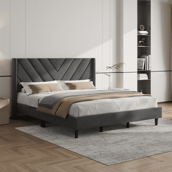 Yaheetech King Upholstered Bed Frame with Tufted Wing Headboard, No Box Spring Needed, Dark Gray