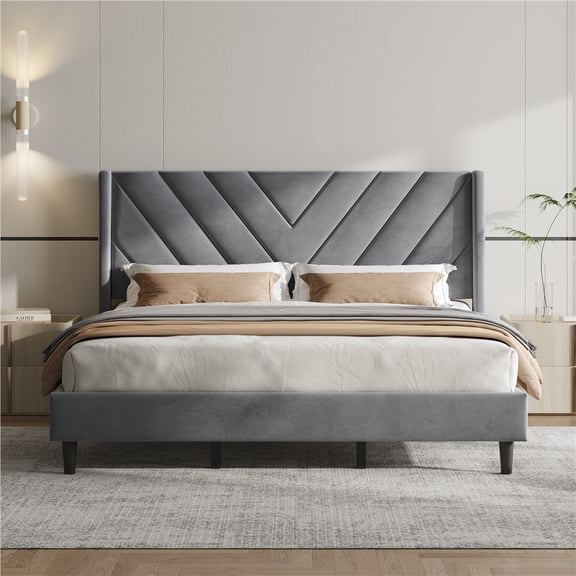 Yaheetech King Upholstered Bed Frame with Tufted Wing Headboard, No Box Spring Needed, Light Gray