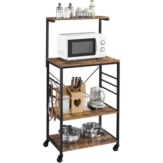 Yaheetech Kitchen Baker's Rack Storage Shelf on Wheels with Side Hooks, Rustic Brown