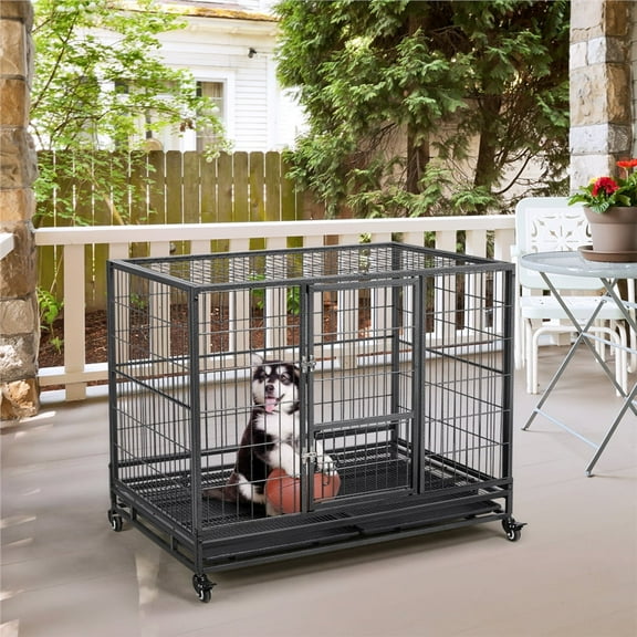 Yaheetech L43.5xW28.5xH35'' Rolling Dog Crate Metal Dog Cage with Wheels & Litter Pans For Medium/Large Dogs, Black