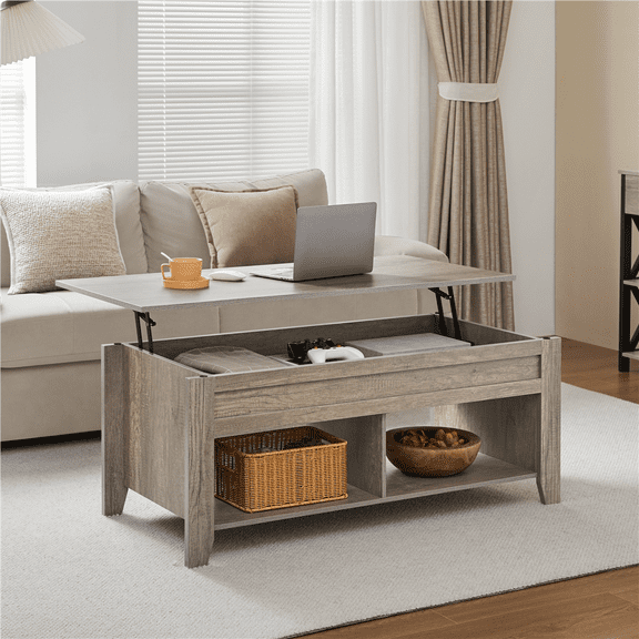 Yaheetech 39.5in Lift Top Coffee Table w/Storage & 2 Open Shelves for Living Room,Gray