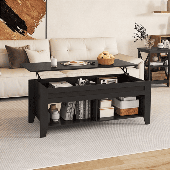 Yaheetech 39.5in Lift Top Coffee Table w/ Storage & 2 Open Shelves for Living Room, Black