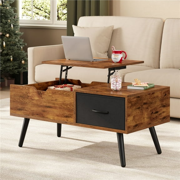 Yaheetech Lift Top Coffee Table with Hidden Compartment & Fabric Drawer, Rustic Brown