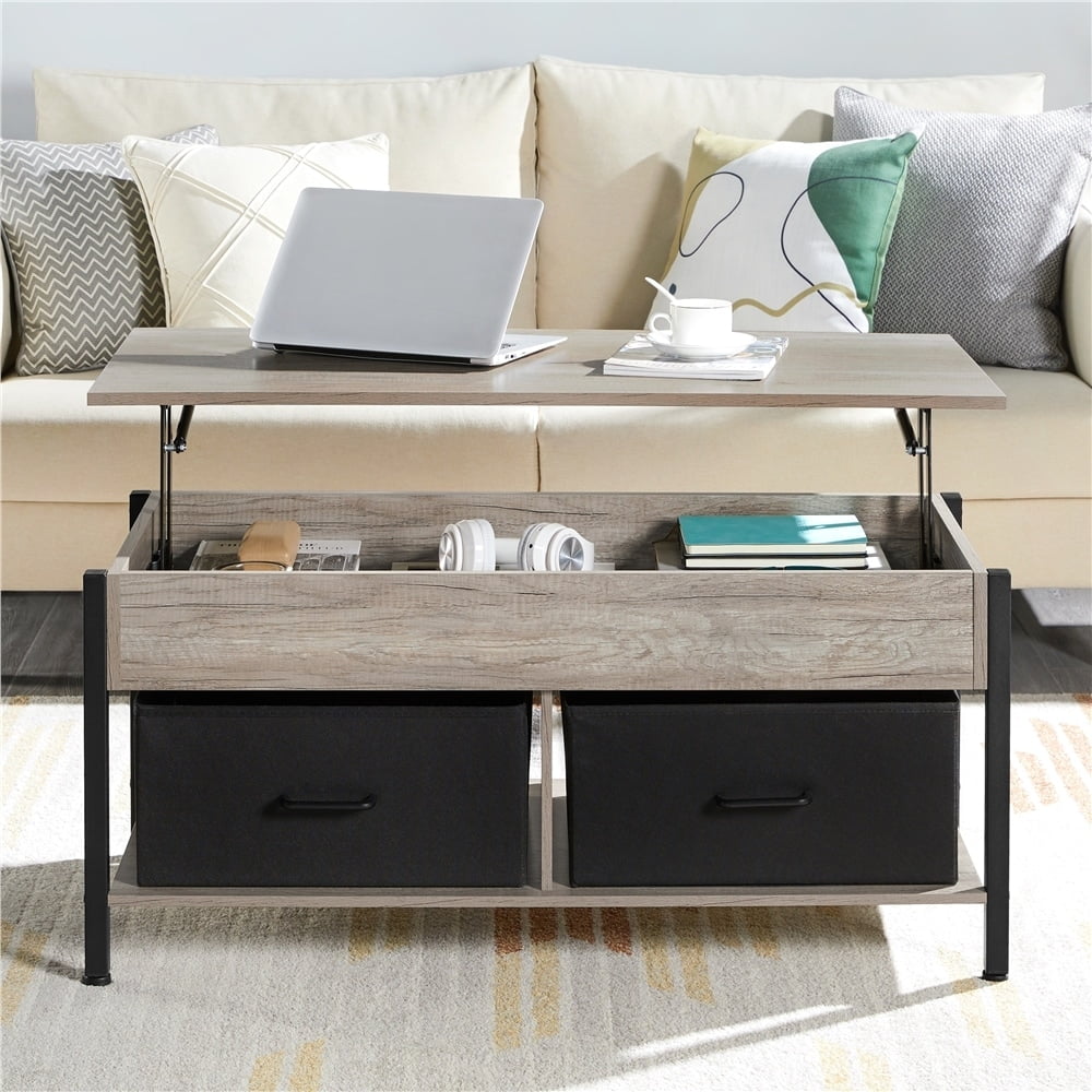 Yaheetech Lift Top Wood Coffee Table with Fabric Storage Baskets Grey ...