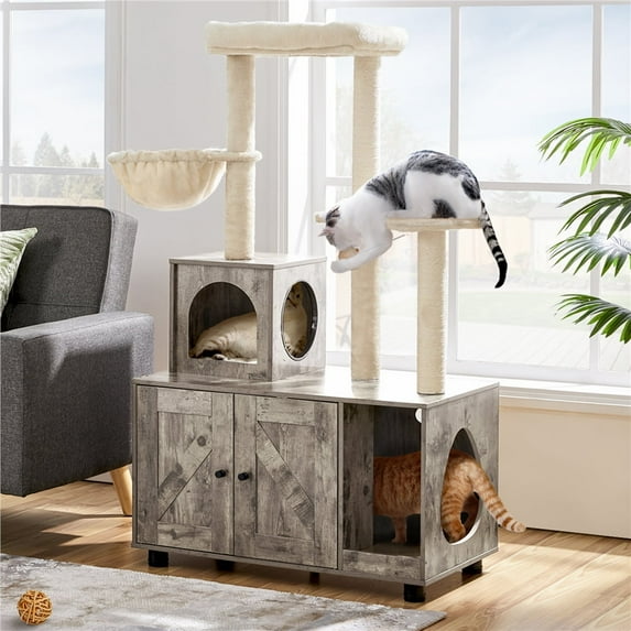 Yaheetech Litter Box Enclosure with Condo, Perch, Scratching Posts, Greige/Beige