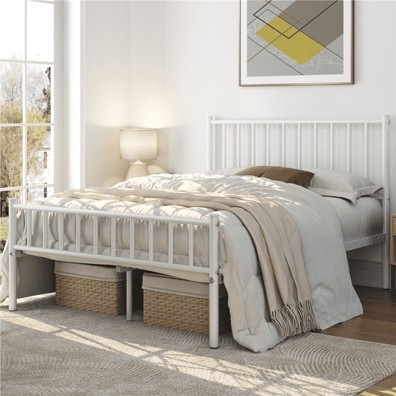 Yaheetech Metal Bed Frame Full Bed with Spindle Headboard and Footboard, White