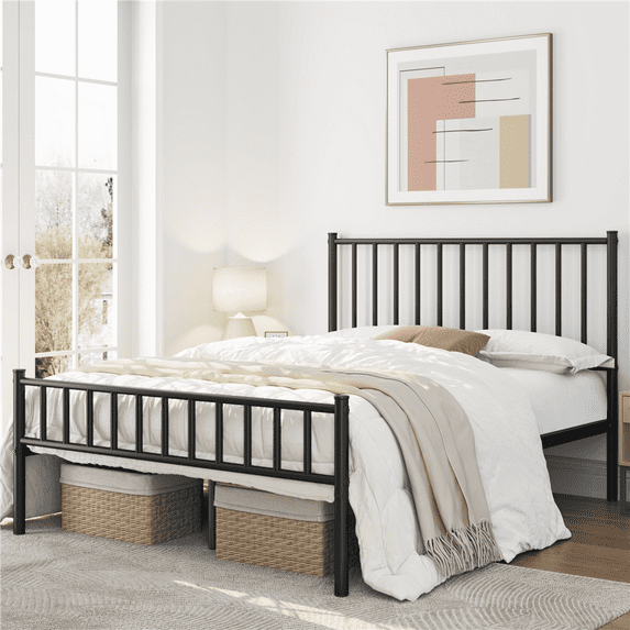 Yaheetech Metal Bed Frame Queen Bed with Spindle Headboard and Footboard,Black