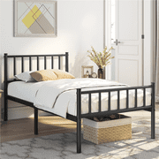 Yaheetech Twin Size Metal Bed Frame with Vertical Bar Headboard and Footboard, Black