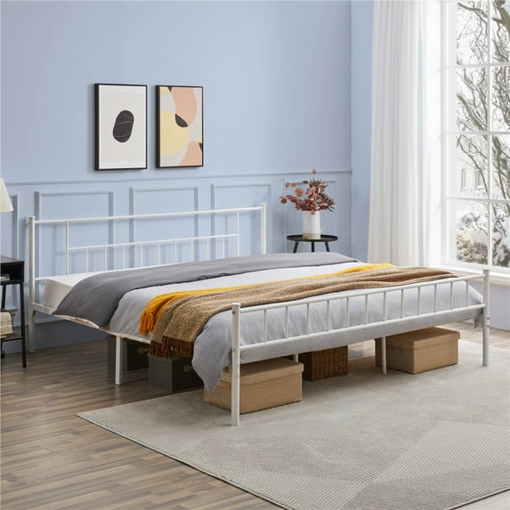 Yaheetech Metal Bed Frame with Headboard & Footboard,King Size, White