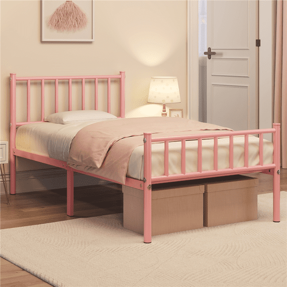 Yaheetech Metal Bed Frame with Spindle Headboard and Footboard,Twin,Pink