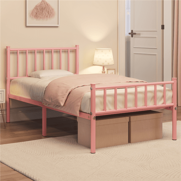 Yaheetech Metal Bed Frame with Spindle Headboard and Footboard,Twin,Pink