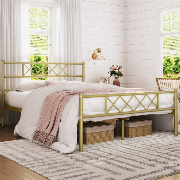 Yaheetech Metal Platform Bed Frame with Headboard and Footboard, Queen,Antique Gold