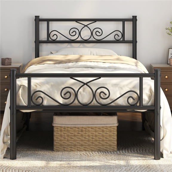 Yaheetech Metal Platform Bed Frame with Scroll Design Headboard and Footboard, Twin, Black