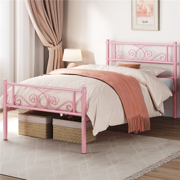 Yaheetech Metal Platform Bed Frame with Scroll Design Headboard and Footboard, Twin, Pink