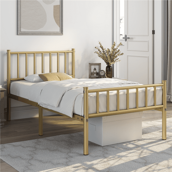 Yaheetech Metal Platform Bed Frame with Spindle Headboard and Footboard,Twin,Antique Gold