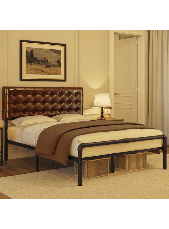 Yaheetech Metal Platform Bed Frame with Upholstered Headboard, Queen, Elegant Brown