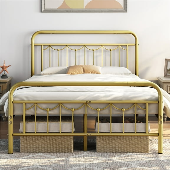 Yaheetech Metal Platform Bed Frame with Vintage Headboard and Footboard, Full, Antique Gold