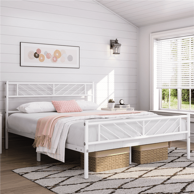 Yaheetech Metal Platform Bed with Arrow Design,Full,White