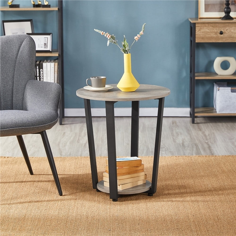 Yaheetech Metal Side Table Round End Table with Storage Rack Grey Metal