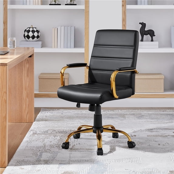 Yaheetech Mid Back Office Desk Chair with Gold Frame and Height Adjustable Seat, Black