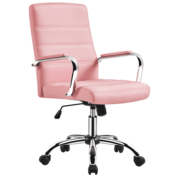Yaheetech Mid-Back PU Leather Adjustable Office Chair with Arms, Pink