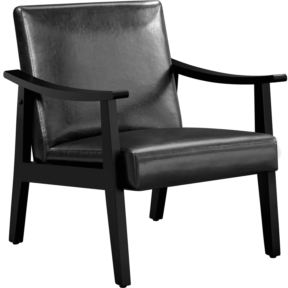 Black Faux Leather Mid-Century Modern Accent Chair with Wood Frame