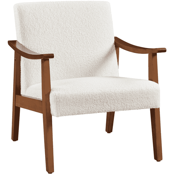 Yaheetech Mid-Century Modern Boucle Fabric Armchair with Solid Wood Legs, Ivory
