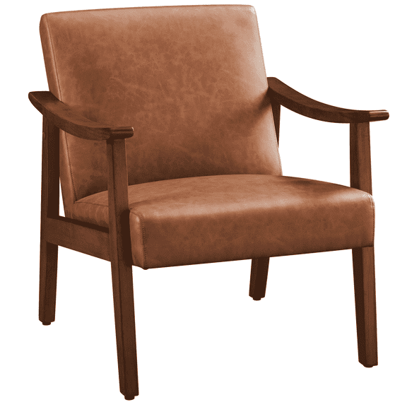 Yaheetech Mid-Century Upholstered Faux Leather Armchair with Solid Wood Legs,Brown