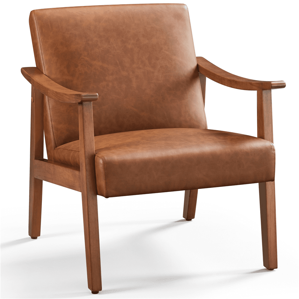 Light Brown Faux Leather Mid-Century Modern Accent Chair